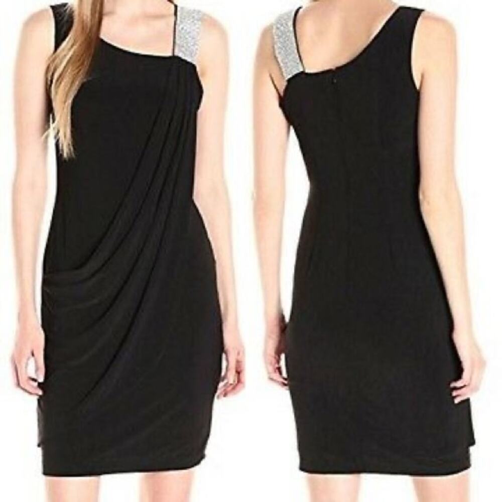 S.L. Fashions Dress Missy 16 Black Rhinestone Ruched Party Event Glam LBD NEW